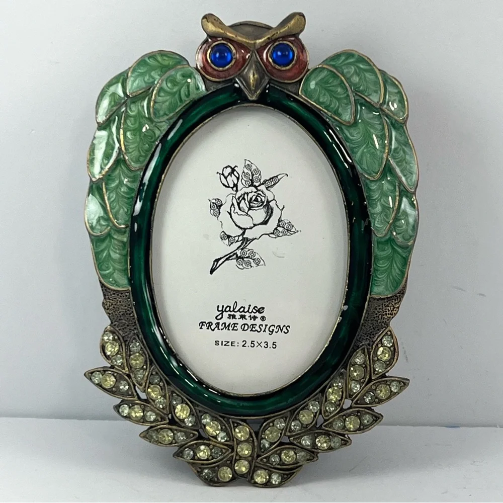 3/$30 Owl Antiqued Gold Enamel and Crystal 2.5 X 3.5 Oval Tabletop Frame
